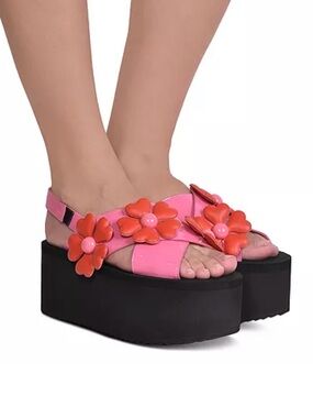 Moschino Heart Flower Crossover Platform Sandals - Pink with Red Flowers